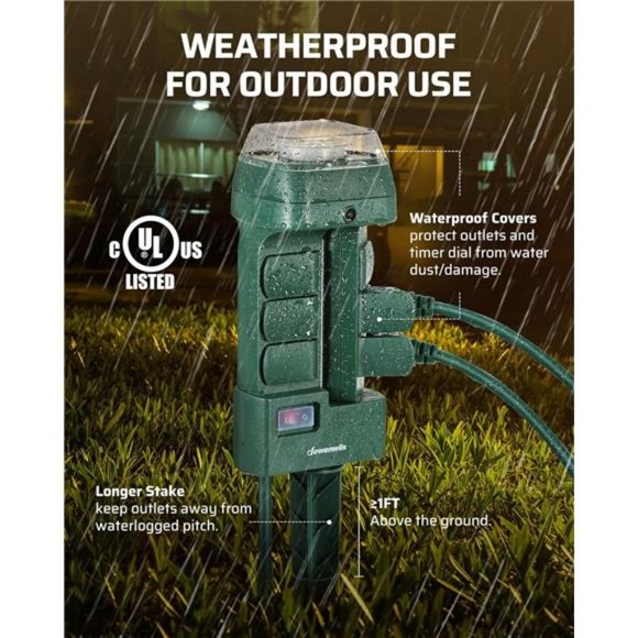 DEWENWILS Outdoor Mechanical Power Stake Timer, Waterproof, 6 Grounded Outlets - Picture 5 of 7